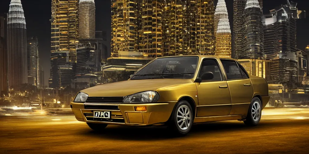 Prompt: proton saga in the middle of a malaysia city at night, gold black color, unreal 5, hyperrealistic, realistic, photorealistic, dynamic lighting, highly detailed, cinematic landscape, studio landscape, studio lighting