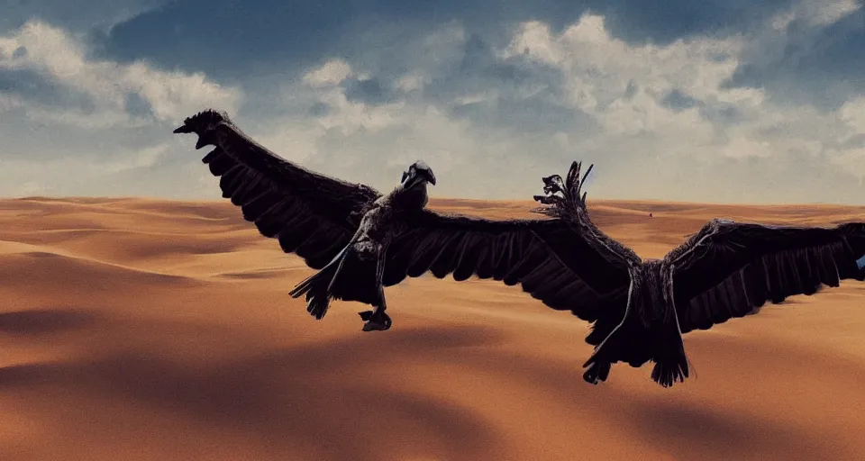Image similar to artwork of a vulture flying far away in a desert, artstation