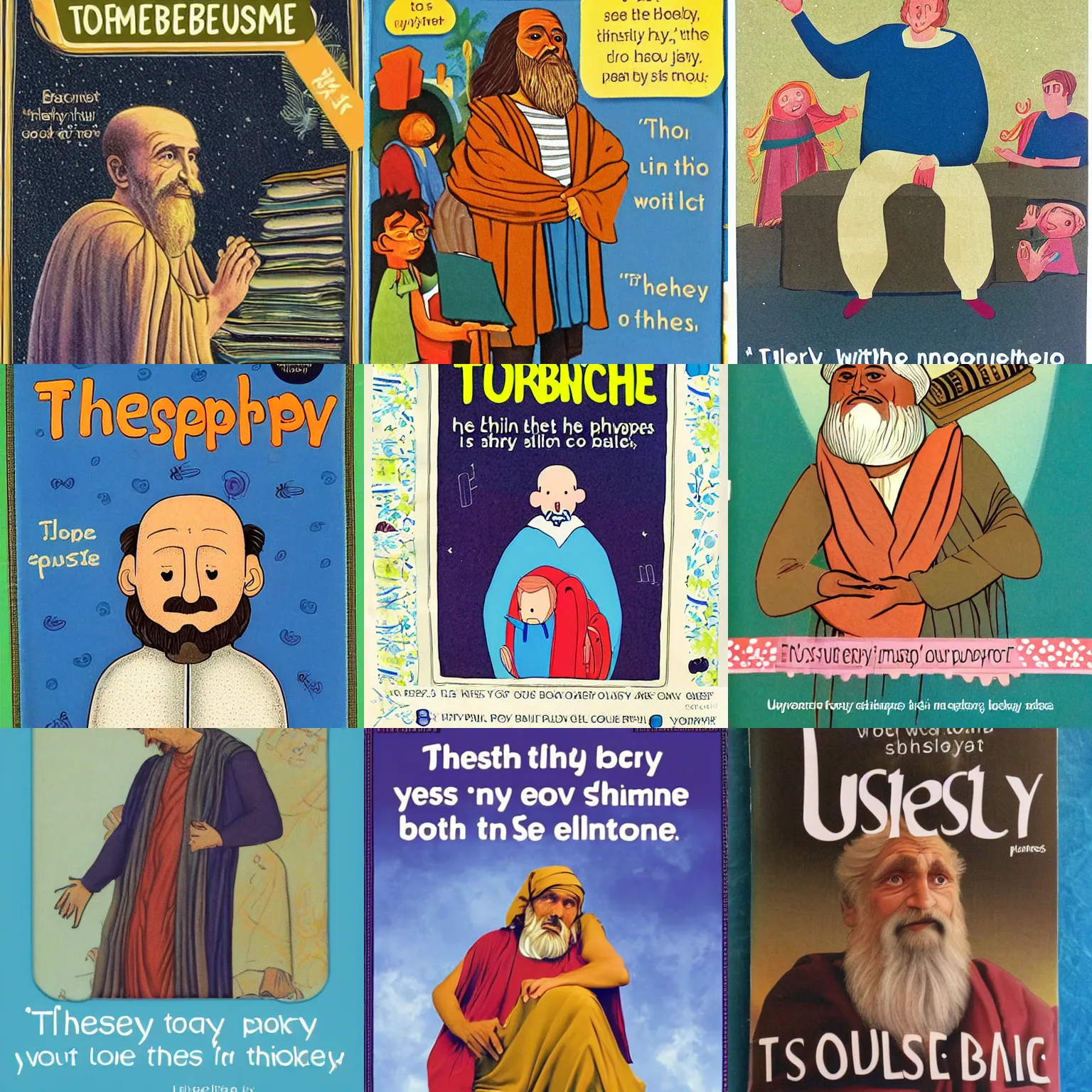 Prompt: Usborne touchy-feely books. That's not my philosopher children's book cover. On the cover is a stoic philosopher wearing a sack cloth with no emotion and unmoved by joy, pleasure or pain. His sack cloth is too rough