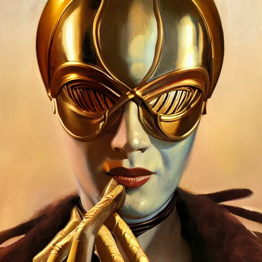 Prompt: closeup painting of uncannily beautiful aristocrat wearing latex and bronze catsuitand face paint inside bronze art deco arcology, science fiction by j. c. leyendecker