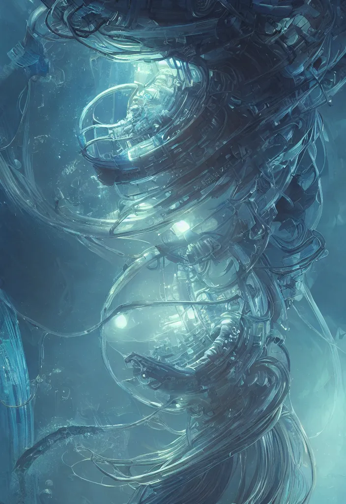 Image similar to Panorama hyper detailed painting of a cyberpunk jellyfish, blue tones, underwater, 8 mm, highly detailed, digital painting, artstation, concept art, smooth, sharp focus, illustration, art by artgerm and greg rutkowski and alphonse mucha