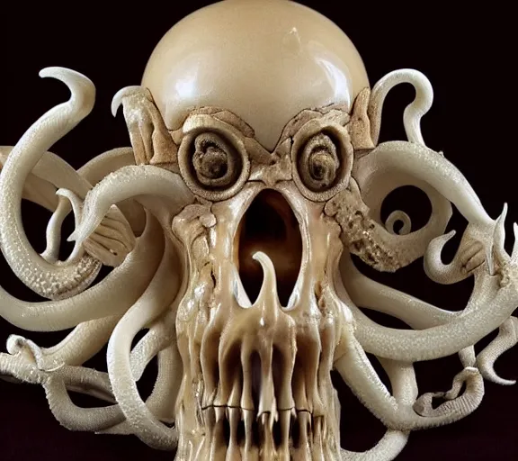 Prompt: an intricately detailed carving in an alien - octopus skull, rococo ornate bone and ivory sculpted skull with teeth and tentacles, horror, artifact, micro detailed, inscribed with occult symbols, otherworldly
