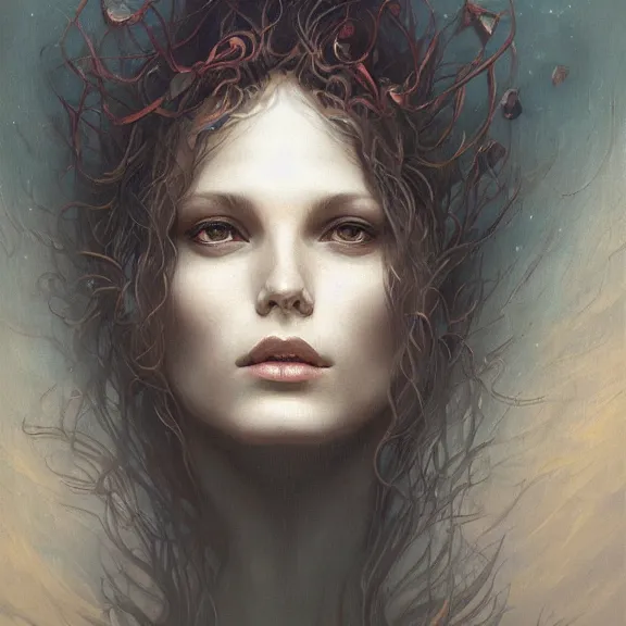 Image similar to a highly detailed beautiful portrait in the style of jean delville and in the style of peter mohrbacher.