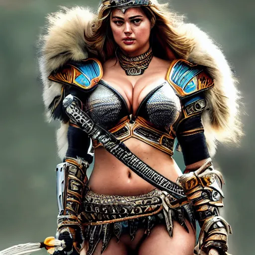 Image similar to kate upton as an amazon warrior ornate armour , highly detailed, 4k, HDR, smooth, sharp focus, hyper realistic, high resolution, award-winning photo