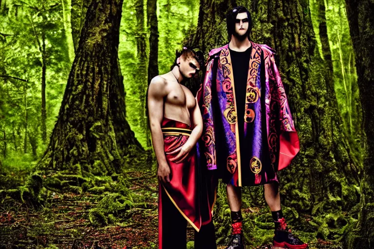 Image similar to versace avant garde male toga intricate textiles streetwear cyberpunk posing in the woods trees cloudy overcast dark late evening dramatic 3 5 mm professional color