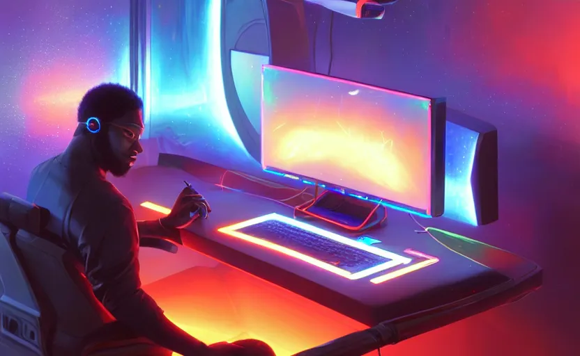 Image similar to handsome black genius at his gaming pc, holographic keyboard and curved digital holographic displays, luxury interior, electric orange glowing lights, highly detailed, digital painting, artstation, concept art, smooth, sharp focus, illustration, art by wlop, mars ravelo and greg rutkowski