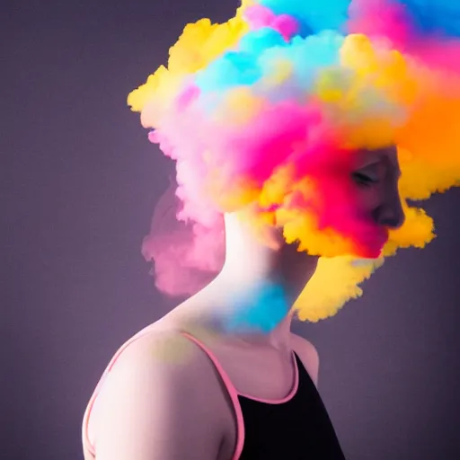 Image similar to woman made from coloured clouds and smoke, studio photo on a black background