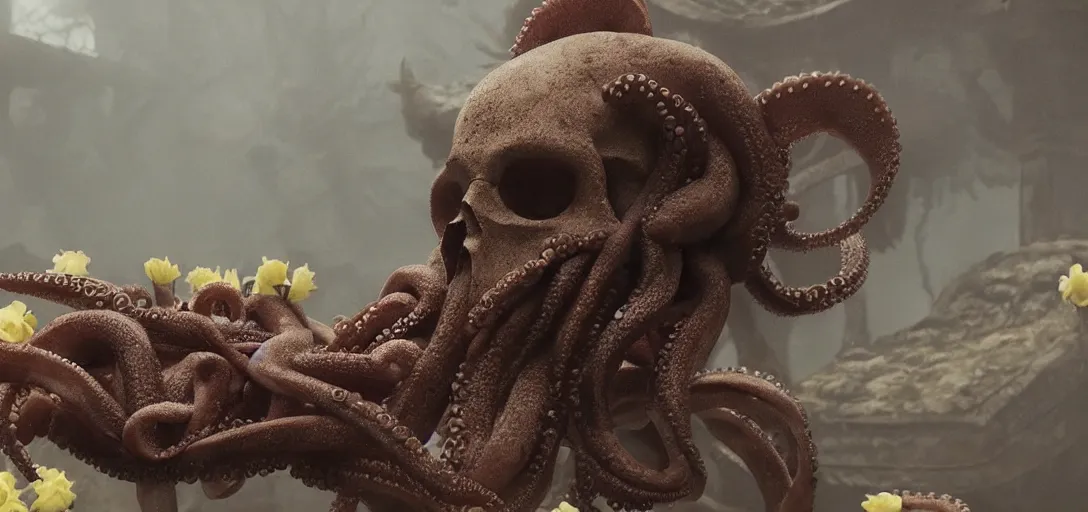 Prompt: an octopus in the shape of a skull & [ [ with flowers ] ], foggy, cinematic shot, photo still from movie by denis villeneuve, wayne barlowe