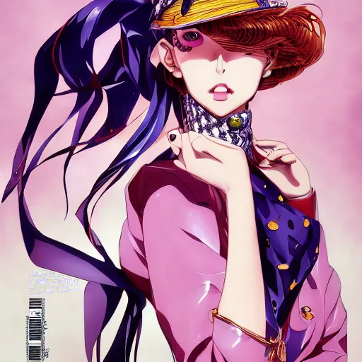 Image similar to Magazine Cover Anime key visual of a Gucci girl; official media; typography; drawn by Hirohiko Araki; Jojo's Bizarre Adventure; Jojolion, portrait, made by Stanley Artgerm Lau, WLOP, Rossdraws, James Jean, Andrei Riabovitchev, Marc Simonetti, Yoshitaka Amano, ArtStation