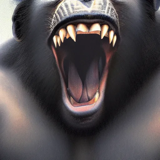 Image similar to Strong Angry Chimpanzee Screaming, Boris Vallejo, Epic, 8k resolution, ArtStation, Hyperrealistic