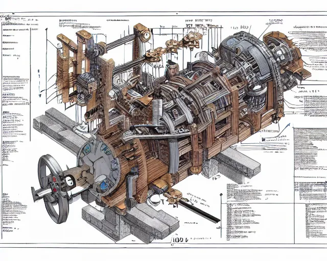 Prompt: a full page of a mechanical blueprint showing a simple cutaway design for a wooden wolf from howl's moving castle ( 2 0 0 4 ), with a pilot inside, muted colors, post grunge, studio ghibli, hq