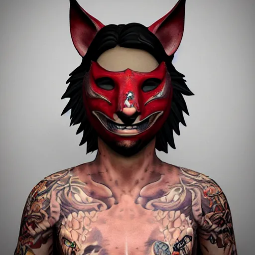 Image similar to a young male wearing a kitsune mask, his body is covered in tattoos, unreal engine 5, realistic, intricate