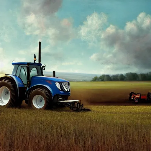 Image similar to hyperrealistic painting image where a tractor appears in the cinematic field