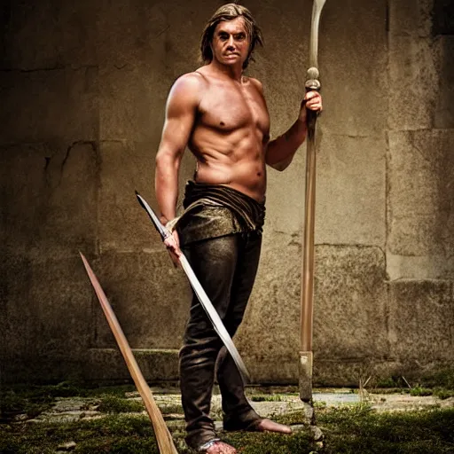 Image similar to portrait of Achilles holding a spear, standing in ruins, fallen columns, highly detailed face, tom chambers photography