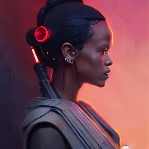 Prompt: star wars with lord Rihanna profile picture by Greg Rutkowski, intricate details, futuristic, volumetric lights, streetwear, studio ghibli, Organic Painting , Matte Painting, geometric shapes, hard edges, trending on the artstation, fantasy LUT, realistic by Sachin Teng + Martin Grip + Moebius + Patrick Gleason, smooth, sharp focus, illustration, art by John Collier and Albert Aublet and Krenz Cushart and Artem Demura and Alphonse Mucha, techwear, Industrial Scifi, detailed illustration, character portrait,