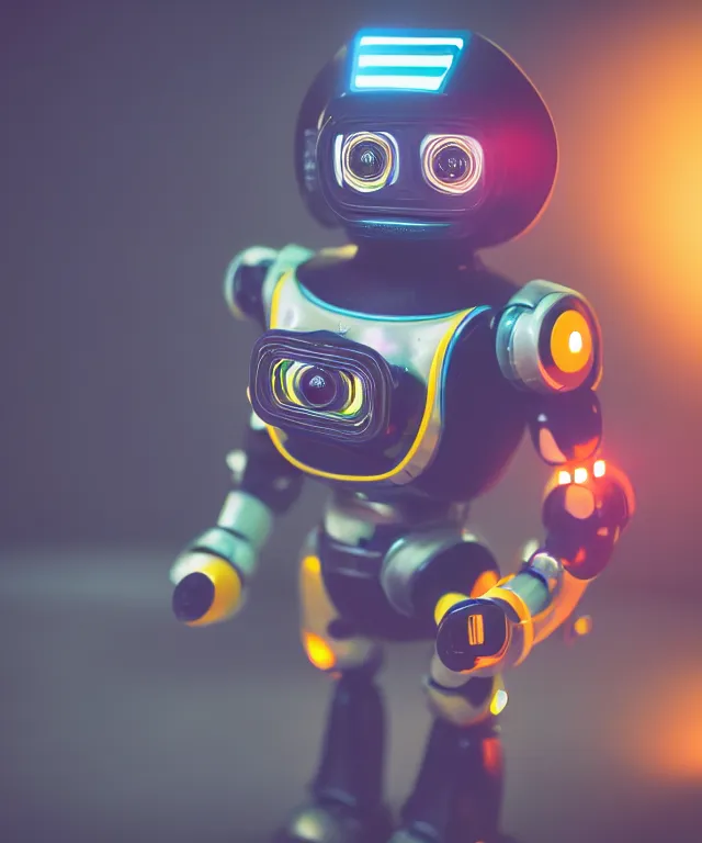 Image similar to high quality presentation photo of a retro toy robot with glowing eyes, photography 4k f1.8 anamorphic bokeh 4k Canon Nikon