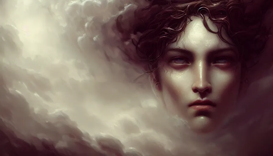 Image similar to face in the clouds, face made out of clouds, fantasy, dramatic, intricate, elegant, highly detailed, digital painting, artstation, concept art, smooth, sharp focus, illustration, art by gustave dore, octane render