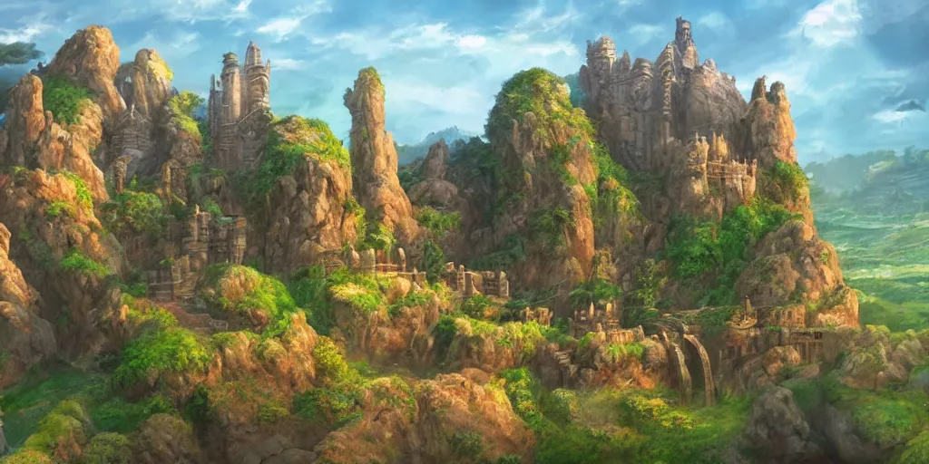 Prompt: sandstone castle, lush and beautiful concept art for the shire, floating rocks in the air, stone city, arabian nights, sand, golden sun, planets, lord of the rings, peter jackson, studio ghibli, detailed, realistic lighting, volumetric lighting, golden hour,