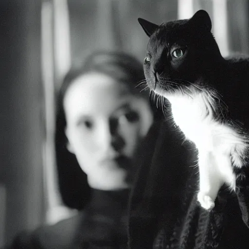 Prompt: a beautiful old portrait film photo of Neo from The Matrix holding a cat, taken on Pentax 35mm, vintage film