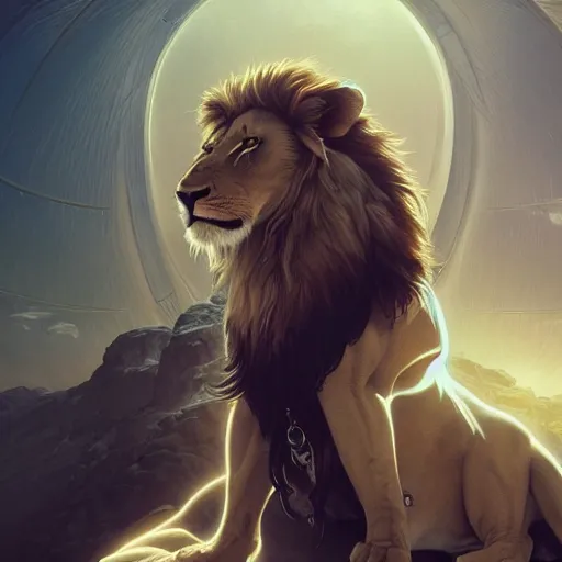 Image similar to lion in a business suit, artists portrait, futuristic, fantasy, highly detailed, digital painting, concept art, sharp focus, depth of field blur, illustration, art by artgerm and greg rutkowski and alphonse mucha