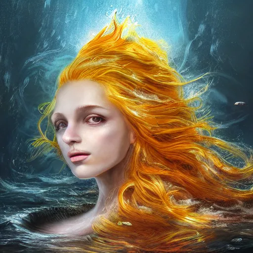 Prompt: Portrait of a sunken ship, mermaid, face, orange flowing hair, fantasy, intricate, elegant, beautiful, magical, luminescent, enchanted, yellow mist, highly detailed, hyper realistic, digital painting, artstation, concept art, smooth, sharp focus, 4k, 8k