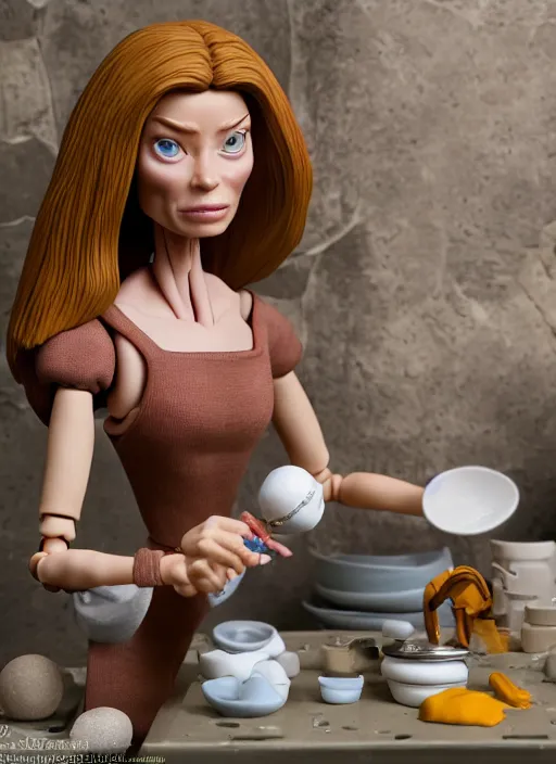 Image similar to product photography of a claymation action figure doutzen kroes doing the dishes, depth of field, zeiss lens, detailed, centered, by nicoletta ceccoli, mark ryden, erwin olaf, earl nore, frank frazetta, breathtaking, 8 k resolution, extremely detailed, beautiful, establishing shot, hyperrealistic