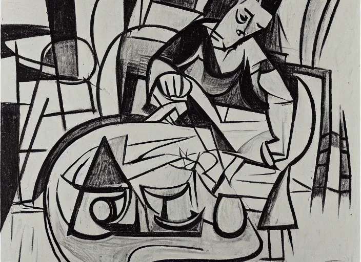 Prompt: abstract stylized pen and ink drawing on white paper of a woman sitting at a pottery wheel working on a vase, picasso, franz kline, van gogh, miro