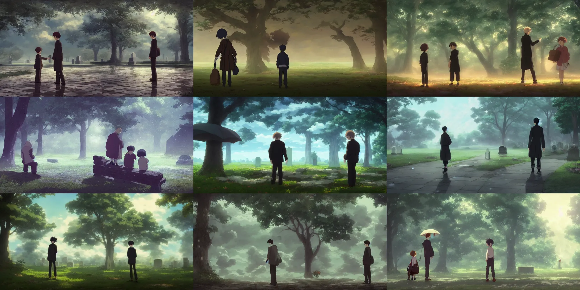 Prompt: a nostalgic anime key shot of a man saying goodbye to his father for the last time at the graveyard, medium shot, waist up, studio Ghibli, Pixar and Disney animation, sharp, Rendered in Unreal Engine 5, anime key art by Greg Rutkowski, Bloom, dramatic lighting, sad, intense emotions, rain