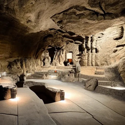 Image similar to a cave with an amphi theatre inside, stone seats, center stage with tiki torches light