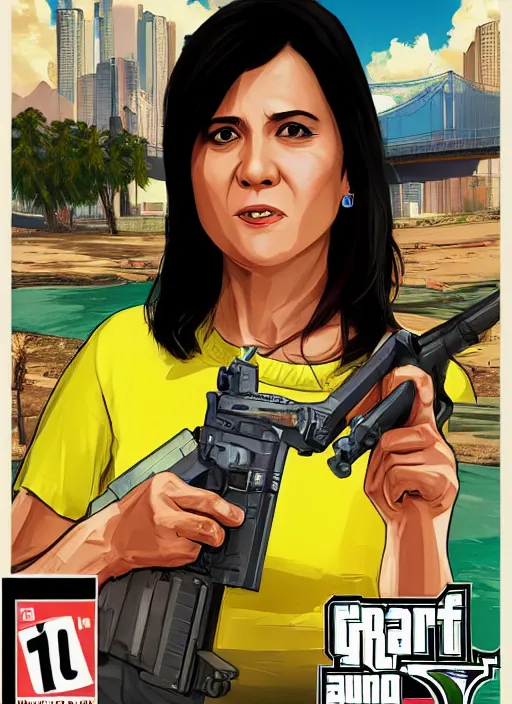 Prompt: leni robredo in gta v game box art by stephen bliss, detailed cover artwork, gta v, gta v loading screen