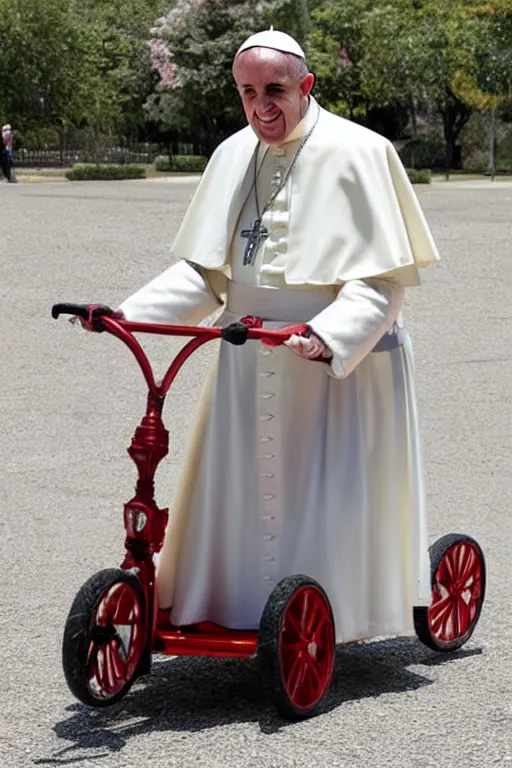 Image similar to the pope riding a childs tricycle