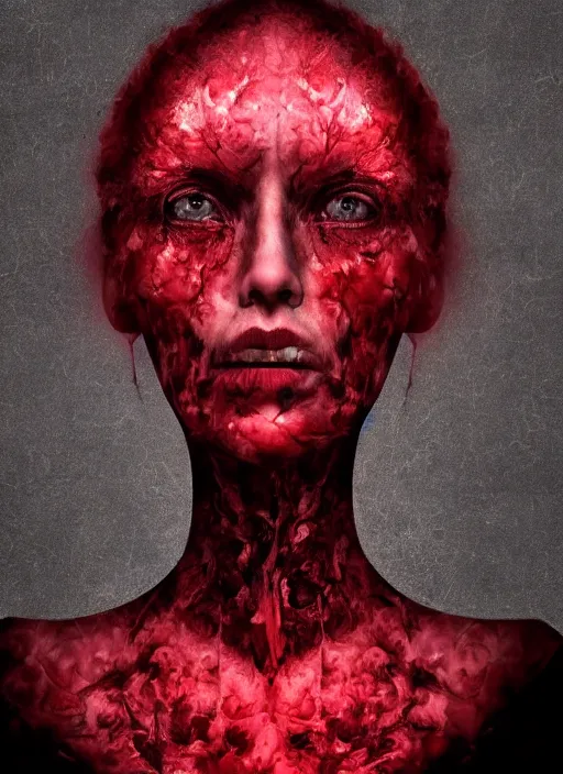 Prompt: dramatic red matte portrait painting of woman with black mandelbrot fractal instead of face, horror, body horror, dark art, 4 k, detailed, realistic, psychotic, insane, crazy, mental illness, dramatic,