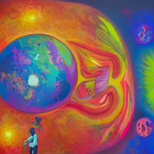 Prompt: love and the first law of thermodynamics, oil painting, vivid, psychedelic