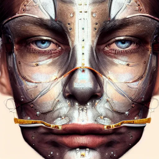 Image similar to Intricate five star Cyborg facial portrait by Anna Kullberg, Colored pencil on paper, high detail, skin texture, photo realistic, hyperrealism,matte finish, high contrast, 3d depth, masterpiece, vivid colors, artstationhd