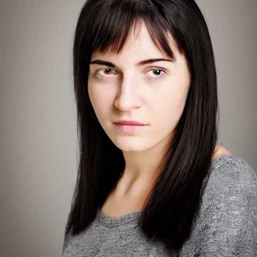 Image similar to young woman with shoulder - length messy black hair, slightly smiling, 1 3 5 mm nikon portrait