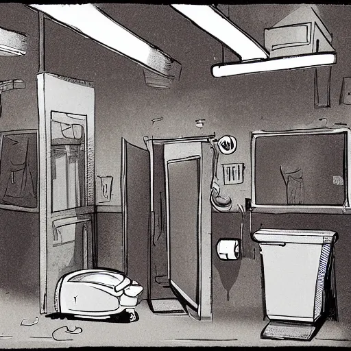 Prompt: a darkly lit janitors room with a toilet in the corner, cleaning supplies, grungy, dirty, highly detailed