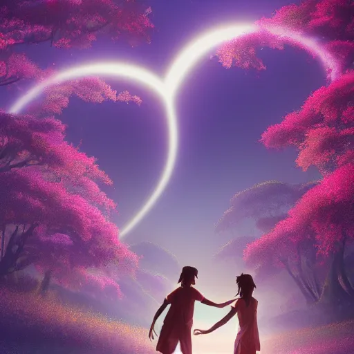 Image similar to Movie poster artwork in purple by Michael Whelan and Yuji Hamada, Rendering of several lovely hearts dancing in a budhist forest, by Makoto Shinkai, Matte painting, trending on artstation and unreal engine