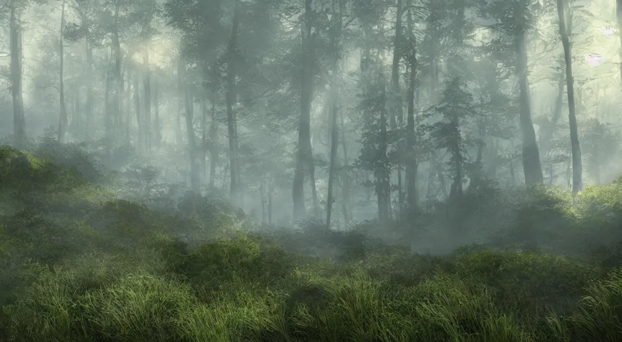 Image similar to photorealistic matte painting of me burns standing far in misty overgrowth undergrowth jagged rock features volumetric fog light rays high contrast dawn