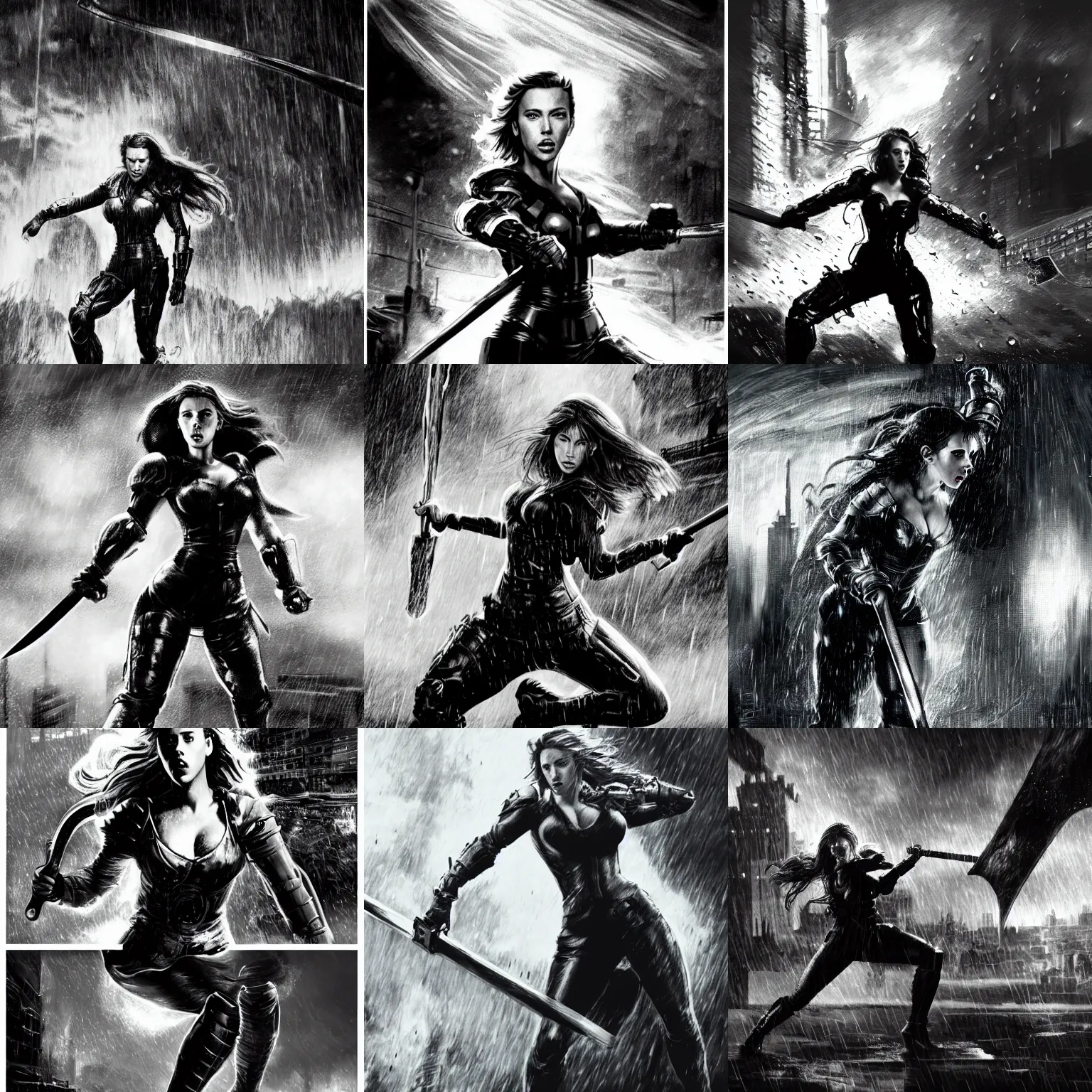 Prompt: black and white scarlett johansson wearing rain soaked armour in the pouring rain, swinging a sword in frank frazetta manga style, hyper realism, pencil and ink, full body action pose, dynamic lighting in a post apocalyptic city, at night with dramatic moonlight, drawn with added movement effects, cinematic effects vfx, dynamic pose, dynamic angle