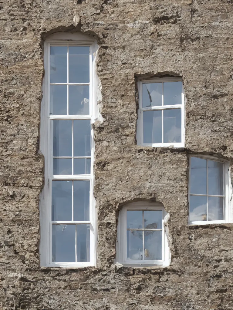 Image similar to single triangular or round sash window on a british wall, surprised and perplexed builders standing in front of it