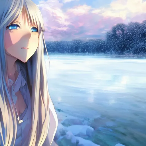 Image similar to a very beautiful anime girl, full body, long straight silver hair, sky blue eyes, full round face, short smile, casual clothes, ice snowy lake setting, cinematic lightning, medium shot, mid-shot, highly detailed, trending on Artstation, Unreal Engine 4k, cinematic wallpaper by Stanley Artgerm Lau, WLOP, Rossdraws, James Jean, Andrei Riabovitchev, Marc Simonetti, and Sakimichan