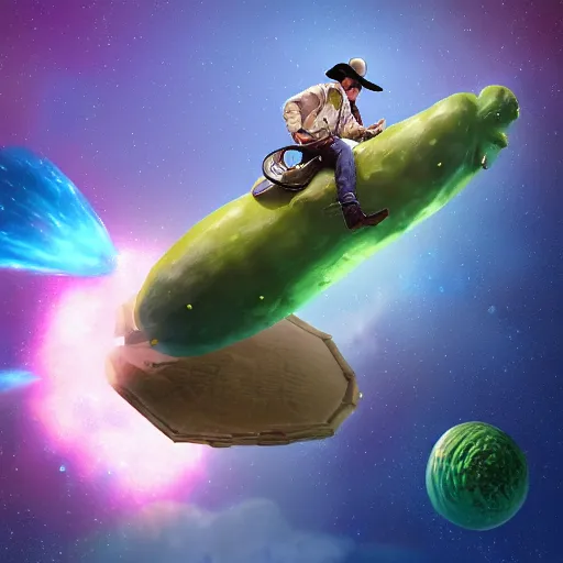 Prompt: Cowboy riding a giant pickle through outer space, volumetric lighting, digital painting, artstation, very detailed, hyperrealistic