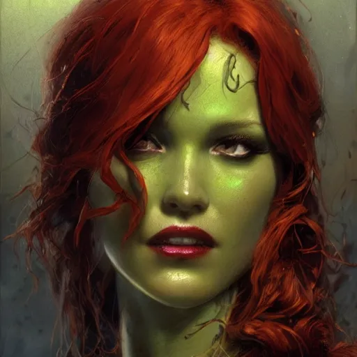 Image similar to poison ivy, fantasy character portrait, ultra realistic, concept art, intricate details, highly detailed, wide angle, by andrew robinson, gaston bussiere, craig mullins, simon bisley