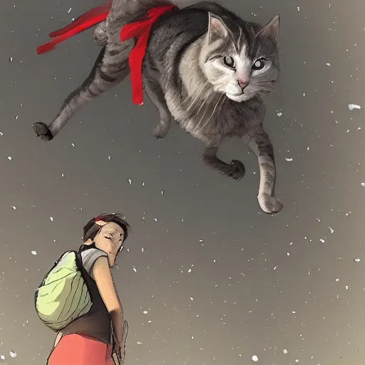 Image similar to giant cats and dogs are falling from the sky like rain, bystanders watching from the sides, 4 k, by miyazaki, monokubo, artstation,