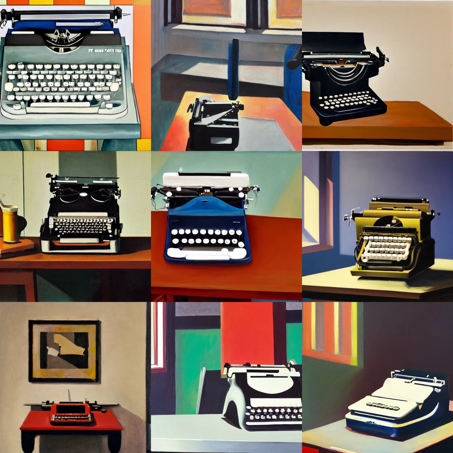 Prompt: painting in a mix of Edward hopper and Pollock style of a typewriter standing on a desk