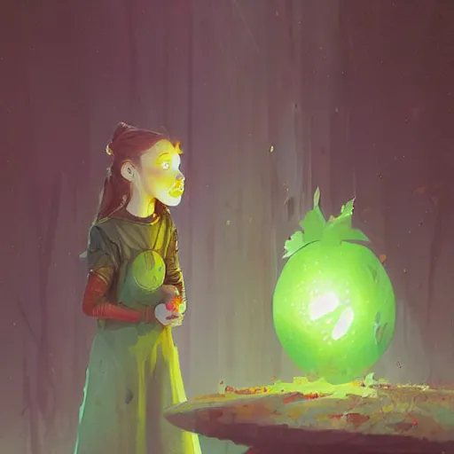 Image similar to a girl accepting an apple from a green skinned witch, by Jordan Grimmer and greg rutkowski, crisp lines and color,