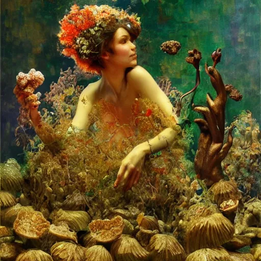 Image similar to a sculpture portrait made of smoke mushrooms and coral reefs and crystals and plants, painting part by wojciech siudmak, part by ilya repin, part by max ernst, part by norman rockwell, artstation