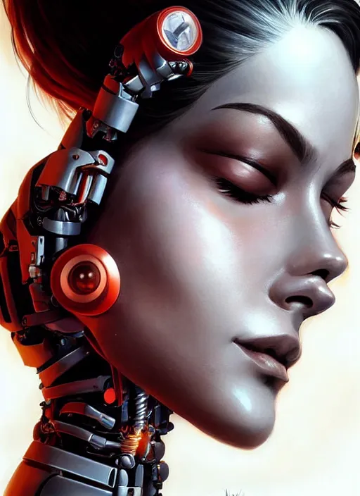 Image similar to portrait of a cyborg woman who turns her head to the ((((((right))))) left+1 (((((up))))) (((((down))))) by Artgerm,eyes closed , biomechanical, hyper detailled, trending on artstation