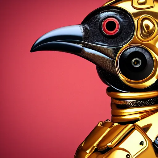 Prompt: a cybernetic anthropomorphic crow, golden metal, 4K