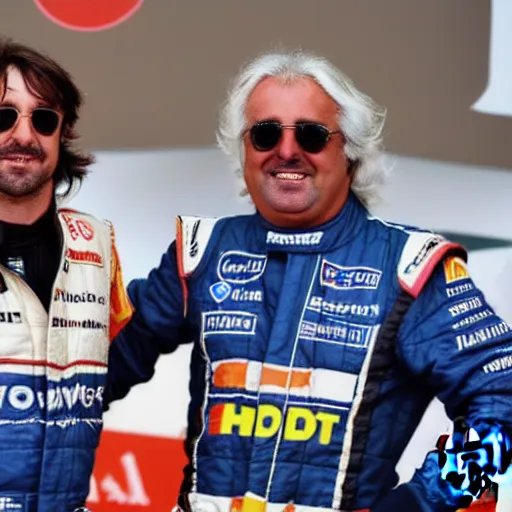 Prompt: high quality photograph of fernando alonso winning the formula 1 world championship together with flavio briatore